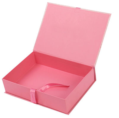 Book Shape Pink Printed Magnetic Cardboard Gift Box With Ribbon Decoration